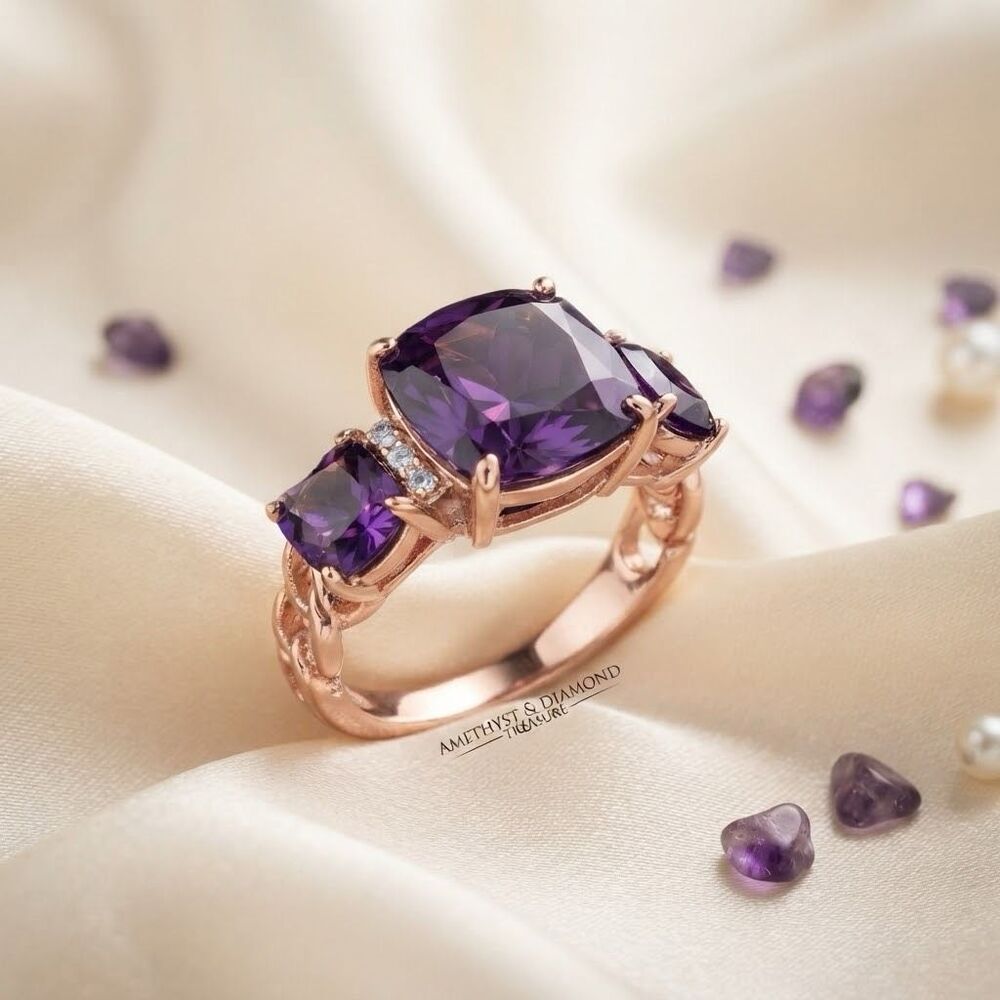 Rose Gold Vermeil Cushion Amethyst CZ Ring – Elegant Three-Stone Design Size 6
